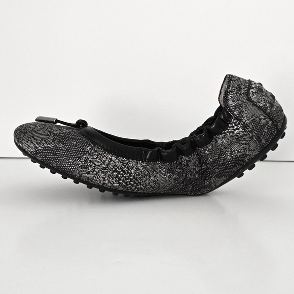 Tod's Metallic Silver Gray Jacquard & Black Leather Ballet Flats - Picture 2 of 6